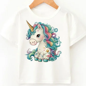  Unicorn Sevimli Baskı Çocuk Gömlek Kawaii Erkek Üstleri Eğlence Kız Tshirt Çocuk Karikatür Kız Beyaz Pembe yaz giysileri 2023 Tees