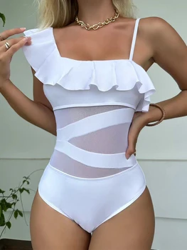  Tek Parça Kadın Mayo 2023 Yeni Katı Sling Fırfır Mayo Seksi Monokini Bodysuit Mayo Kadın Yaz Örgü Plaj Kıyafeti