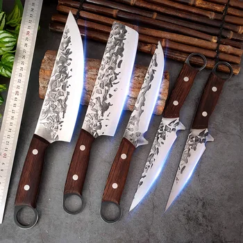  Paslanmaz Çelik Mutfak Bıçakları Seti Araçları Et Cleaver Bıçak Kamp Avcılık kasap bıçağı Açık Taşınabilir Bıçak Ahşap Saplı