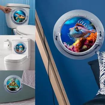  3D Denizaltı Sticker Sahte Pencere 3D Çıkartmalar Deniz Hayvan Duvar Çıkartmaları 3D Pencere Denizaltı Ev Dekor Duvar Sticker Tuvalet İçin