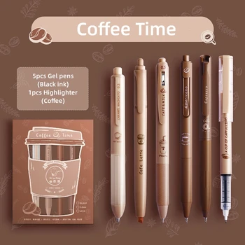  6 adet Kahve Zamanı Jel Kalemler Vurgulayıcı Seti 0.5 mm Tükenmez Siyah renkli mürekkep ve Kahve İşaretleyici Yazma A7439