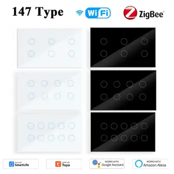  Tuya Zigbee / WİFİ Akıllı Anahtarı 147 Tipi Cam Dokunmatik Panel Kesen 6/8 / 10Gang ışık duvar Anahtarı Alexa Google Ev App Kontrolü