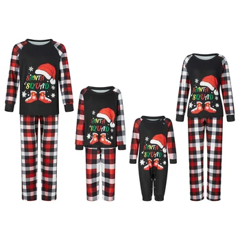  Noel Pijama Aile Eşleştirme Kıyafetler Uzun Kollu Santa Şapka Çizmeler Baskı Üstleri + Ekose pantolon seti Kış Sonbahar Pijama