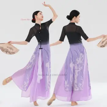  2024 kadın çin dans qipao elbise + pantolon kostüm antik çiçek baskı geleneksel şifon elbise sahne performansı kostüm