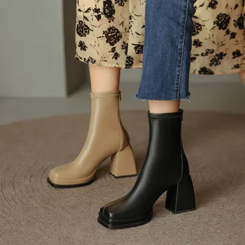  Yeni Sonbahar Kadın yarım çizmeler Kadın Kare Ayak Blok Topuklu Kısa Çizme Bayanlar Fermuar Moda Platformu Modern Patik Bayan Ayakkabıları
