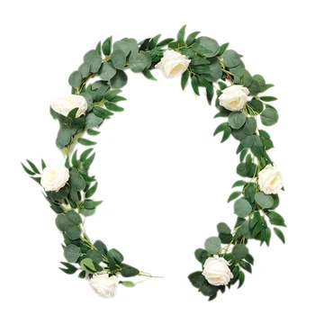  Yapay Okaliptüs Çelenk Beyaz Gül Asma Söğüt Yaprakları İle, Düğün Kemer Çiçek Çelenk İçin Parti Masa Dekorasyon