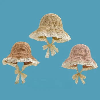  Japon Dantel Kayış Kravat At Kuyruğu Hasır Şapka kadın Yaz Plaj Tatil Şapka Seyahat Güneşlik Şapka Balıkçı Şapka