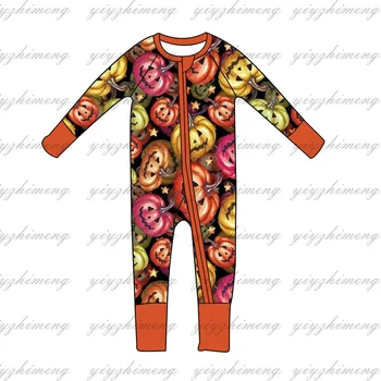  Yeni tasarım kostümleri Erkek bebek Kız bebek tulumu Cadılar Bayramı kabak desen Uzun kollu fermuar onesie çocuklar için
