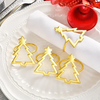  6 / ADET Yeni yaratıcı basit altın içi boş Noel ağacı peçete halkası otel metal Noel peçete toka batı restoran masa