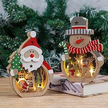  Noel Noel baba ışıkları masa üstü kış dekor Noel kardan adam-Noel Baba süsler: 2 Adet Parlayan Ahşap figürler