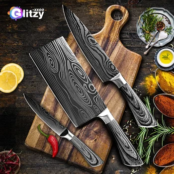  Mutfak Bıçağı Seti Şam Lazer Desen Yüksek Karbonlu Çelik Japon Bıçakları Profesyonel Şef Bıçakları Santoku Dilimleme Kasap Kesim