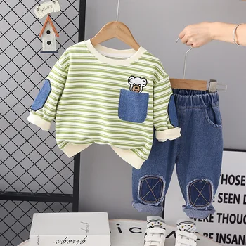  Çocuklar Essentials Giysileri Bahar Sonbahar Erkek Bebek Giysileri 18 ila 24 Ay Karikatür Çizgili Uzun Kollu T-Shirt ve Pantolon Erkek Kıyafet