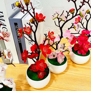 Bonsai İpek Çiçekler Erik Yapay Saksı Bitkileri Çiçekleri Simülasyon Kış Erik Dalı Vazolar Düğün / ev / yatak odası Süslemeleri