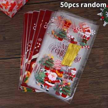  50 Adet Noel Şeker Hediye Paketleme Çantası Kurdele Bağları / Kurabiye Pişirme / Noel / plastik poşetler / Çocuk Parti / İyilik ambalaj Poşetleri