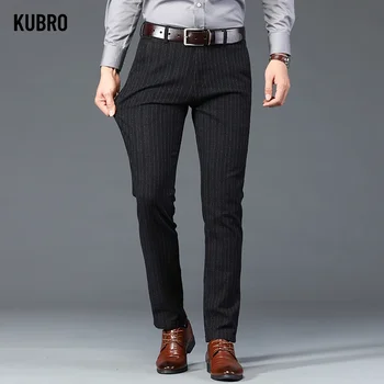 KUBRO 2023 Yeni Zarif İngiliz Tarzı Resmi takım elbise pantalonları Erkekler Moda Ofis Streç Çizgili Düğün İş Pamuk Erkek Pantolon