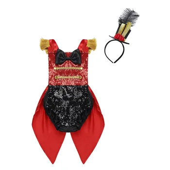  Çocuklar Bebek Kız Şovmen Ringmaster Sirk Kostüm Cadılar Bayramı Cosplay Bodysuit Kolsuz Payetli İlmek Romper Tüy Şapka ile